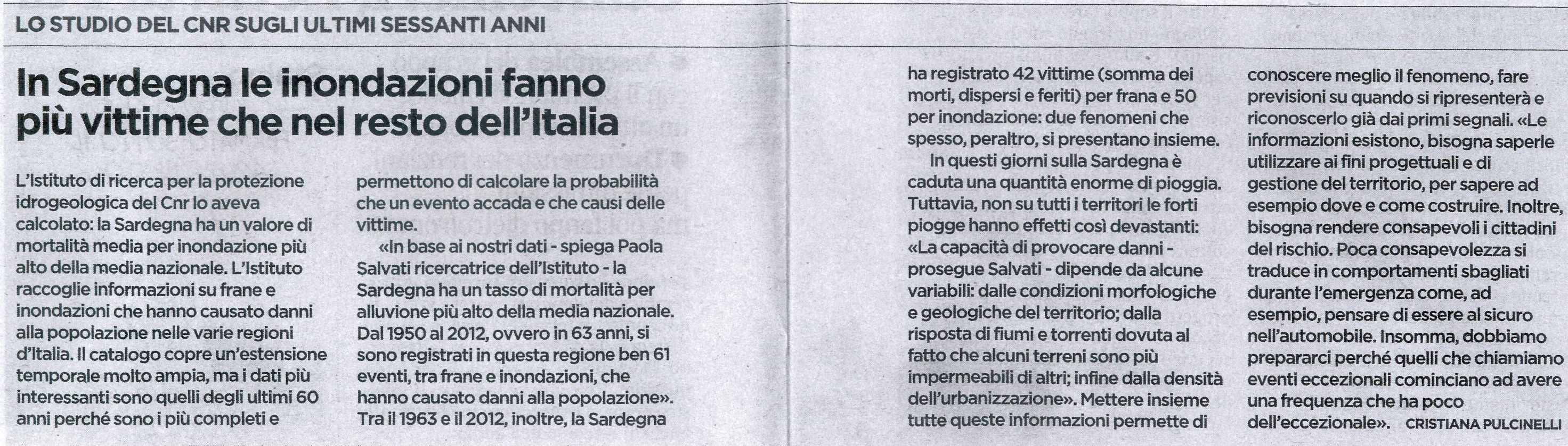 Lo studio del CNR sugli ultimi 60 anni. In Sardegna le inondazioni fanno più vittime che nel resto d'Italia
